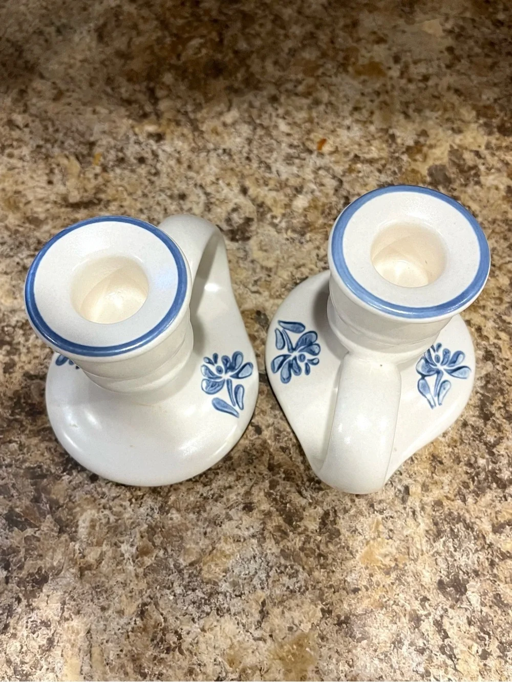Vintage Pfaltzgraff Yorktowne White and Blue Floral Candle Holders - Set of 2